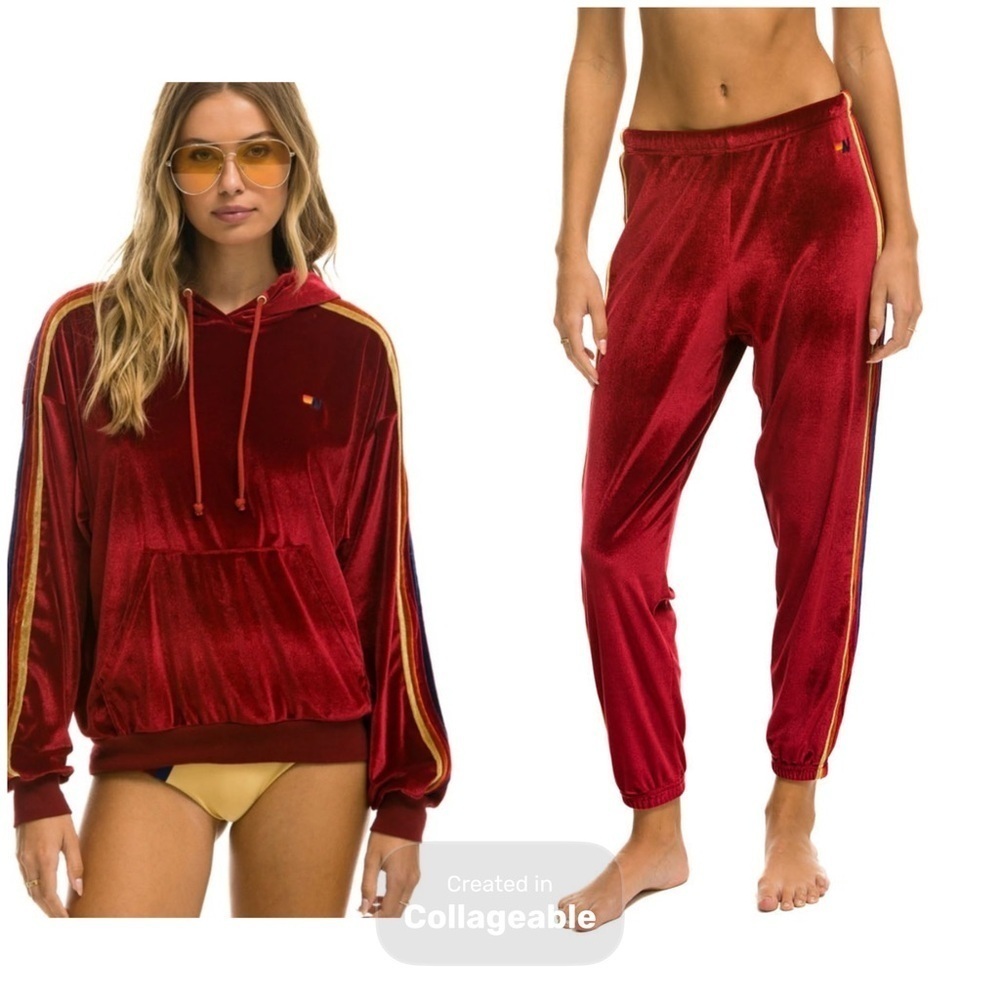 Aviator Nation velour velvet Maroon hoodie and jogger set size small